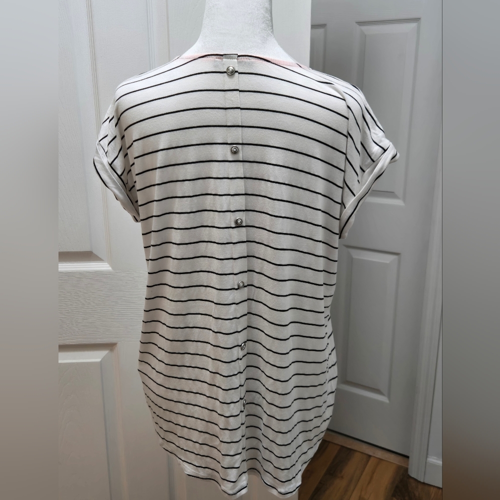 Striped White and Black Top with Neon Orange Accents Size L Papermoon - Picture 8 of 13